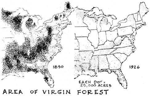 Map diagram depicts the diminuation of virgin forest land in the U.S. from the mid-19th century through the first quarter of the 20th century.